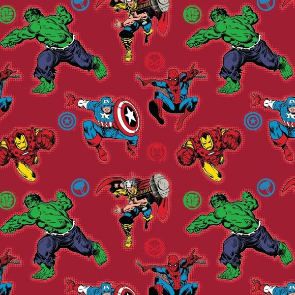 Marvel Fury Comics Captain America Hulk 1 Yard Precut Sewing Red Fabric Cotton - Picture 1 of 2